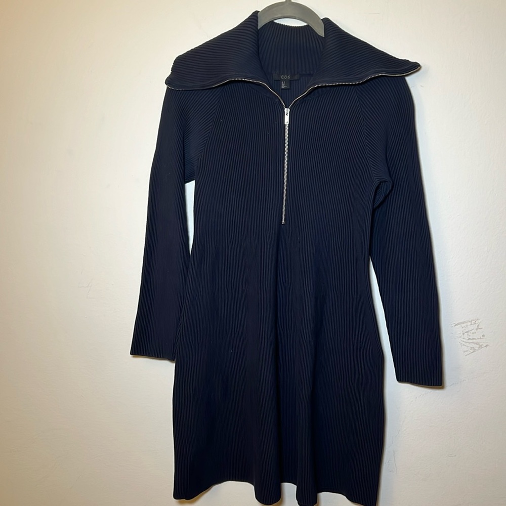COS Navy Half Zip Ribbed A-Line Long Sleeve Mini Dress